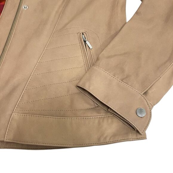Cole Haan Lamb Leather Moto Jacket Zip Front Collarless Tan Nude Brown Women’s M - Picture 7 of 12